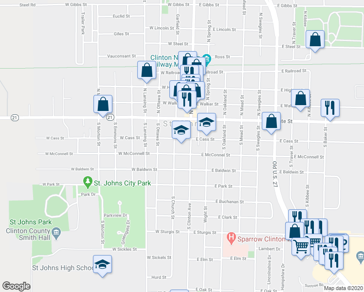 map of restaurants, bars, coffee shops, grocery stores, and more near 101 West Cass Street in Saint Johns