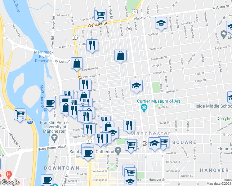 map of restaurants, bars, coffee shops, grocery stores, and more near 16 Hazel Street in Manchester