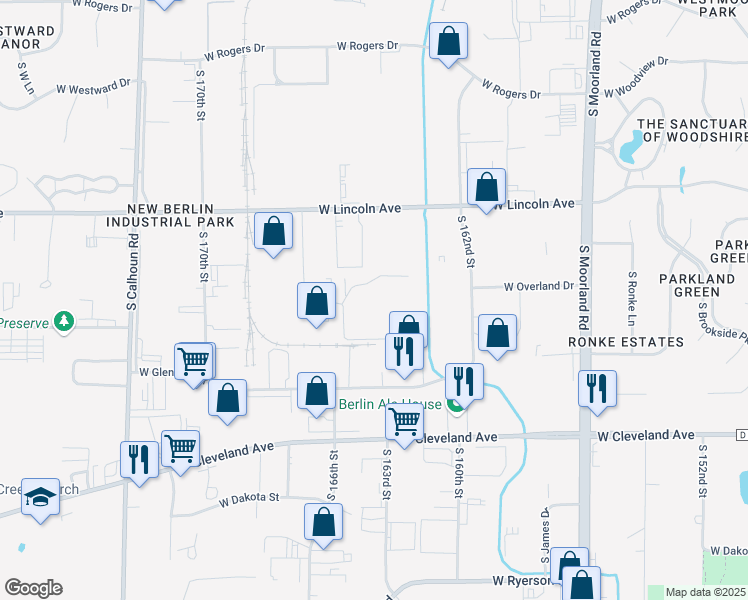 map of restaurants, bars, coffee shops, grocery stores, and more near 16250 West Glendale Drive in New Berlin