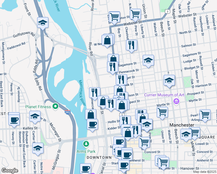 map of restaurants, bars, coffee shops, grocery stores, and more near 24 West Brook Street in Manchester