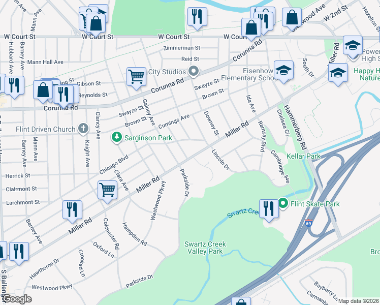 map of restaurants, bars, coffee shops, grocery stores, and more near 1601 Woodburne Drive in Flint
