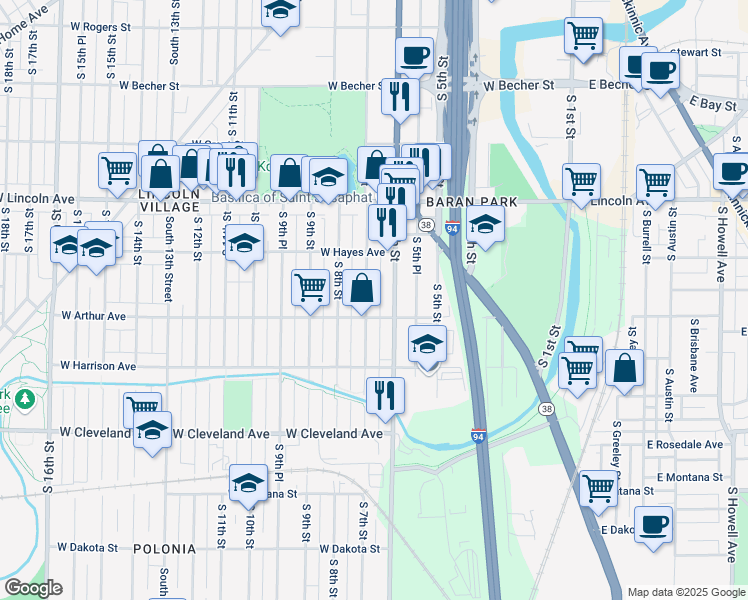 map of restaurants, bars, coffee shops, grocery stores, and more near 2434 South 7th Street in Milwaukee