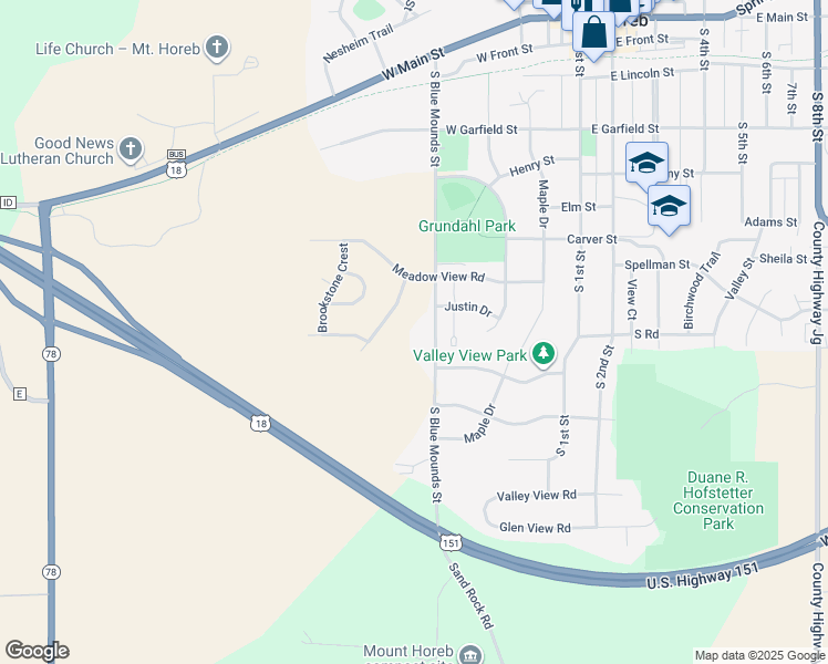 map of restaurants, bars, coffee shops, grocery stores, and more near 804 South Blue Mounds Street in Mount Horeb