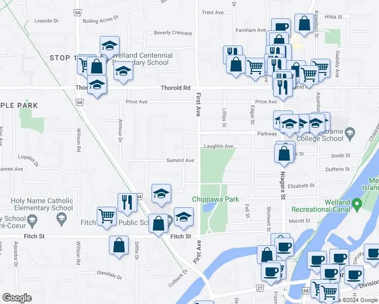 map of restaurants, bars, coffee shops, grocery stores, and more near 32 Linwood Drive in Welland