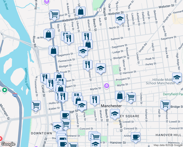 map of restaurants, bars, coffee shops, grocery stores, and more near 110 Brook Street in Manchester