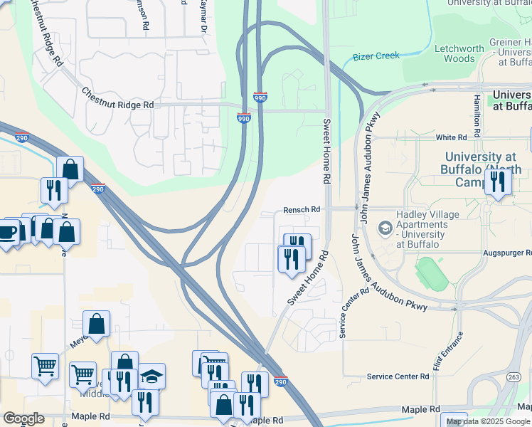 map of restaurants, bars, coffee shops, grocery stores, and more near 4150 Rensch Road in Buffalo