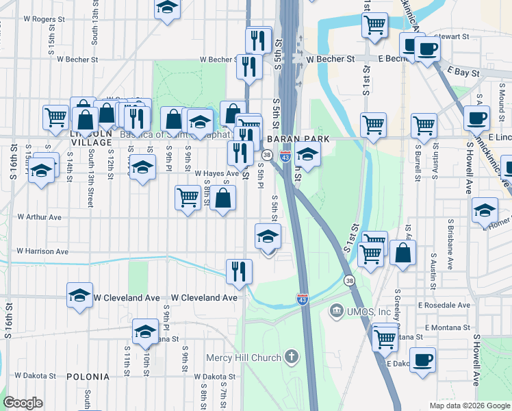 map of restaurants, bars, coffee shops, grocery stores, and more near 2451A South 5th Place in Milwaukee