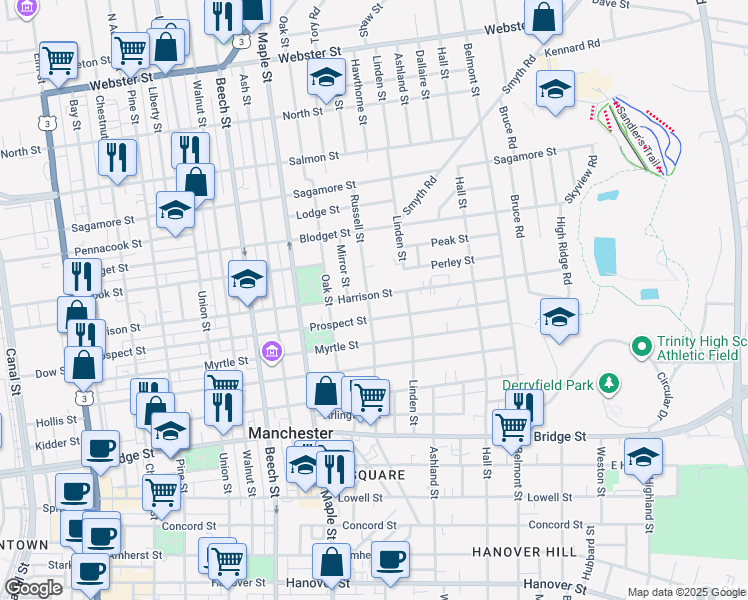 map of restaurants, bars, coffee shops, grocery stores, and more near 121 Russell Street in Manchester