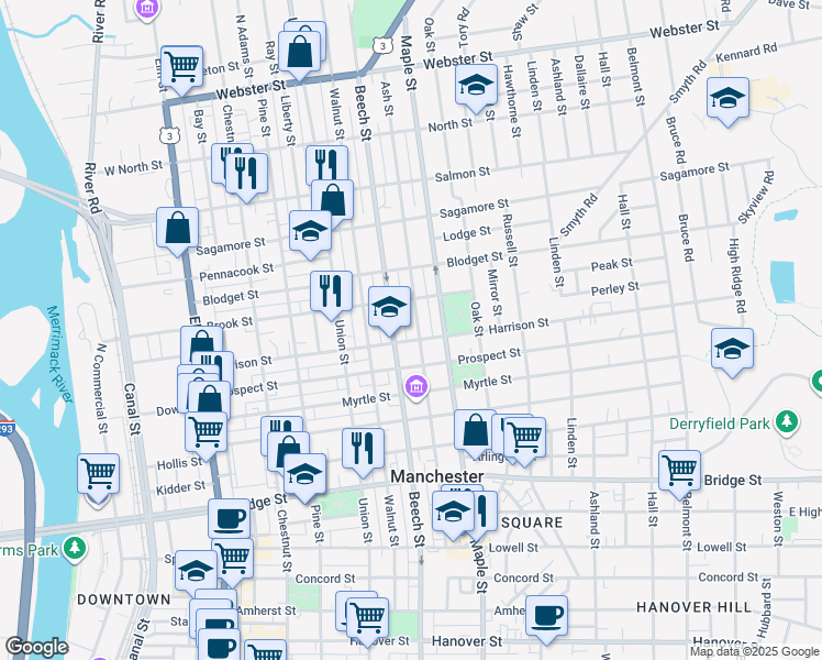 map of restaurants, bars, coffee shops, grocery stores, and more near 225 Ash Street in Manchester