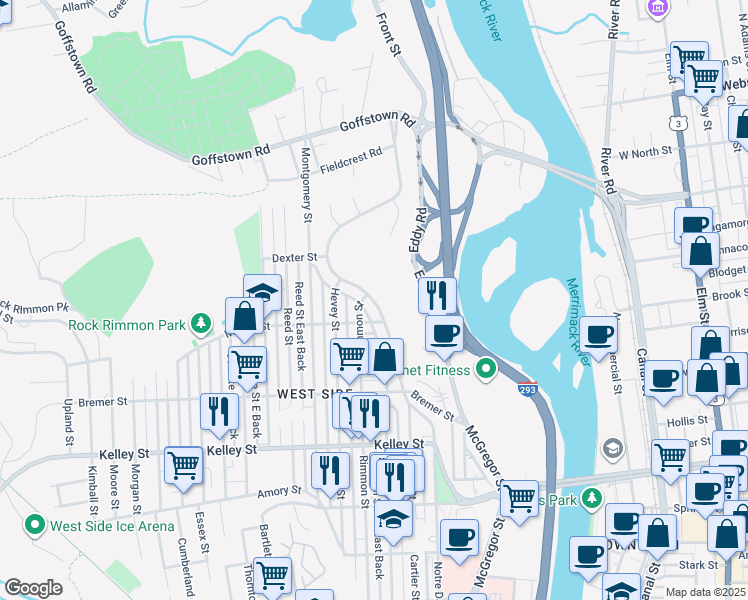 map of restaurants, bars, coffee shops, grocery stores, and more near 419 Coolidge Avenue in Manchester
