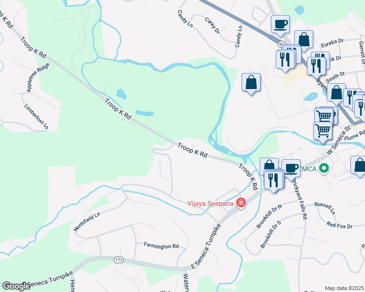 map of restaurants, bars, coffee shops, grocery stores, and more near 7642 Linkside Drive in Manlius
