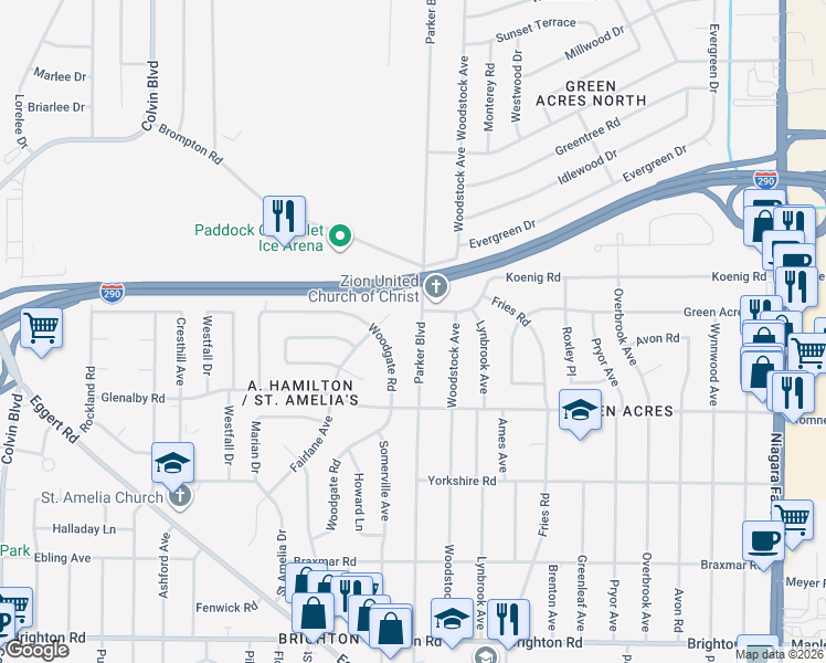 map of restaurants, bars, coffee shops, grocery stores, and more near 2242 Parker Boulevard in Tonawanda