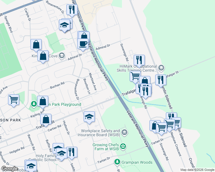 map of restaurants, bars, coffee shops, grocery stores, and more near 151 Martinet Avenue in London