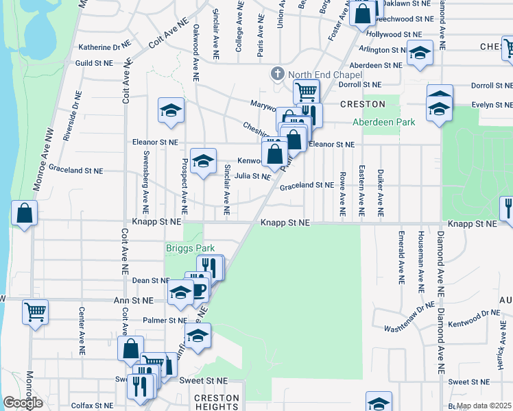 map of restaurants, bars, coffee shops, grocery stores, and more near 2047 Plainfield Avenue Northeast in Grand Rapids