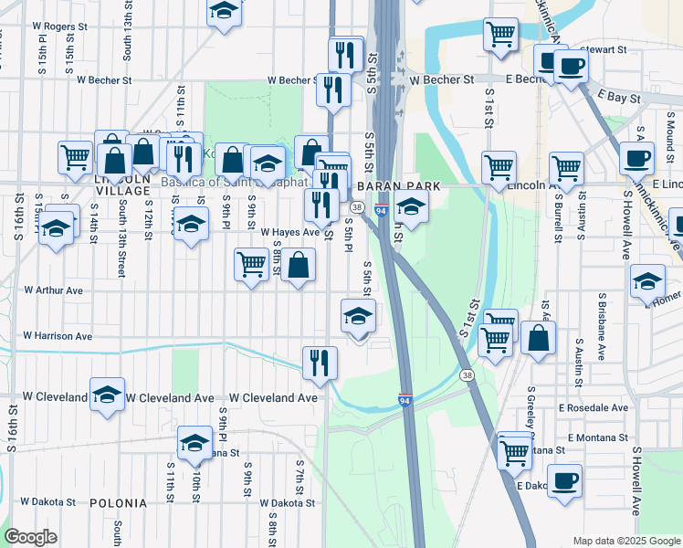 map of restaurants, bars, coffee shops, grocery stores, and more near 2451A South 5th Place in Milwaukee