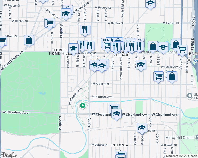 map of restaurants, bars, coffee shops, grocery stores, and more near 2433 South 15th Street in Milwaukee