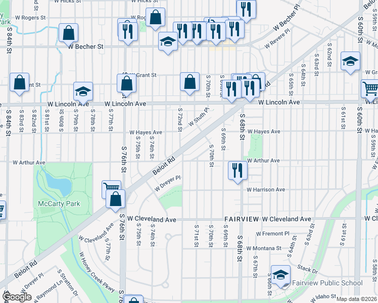 map of restaurants, bars, coffee shops, grocery stores, and more near 7112 Beloit Road in West Allis
