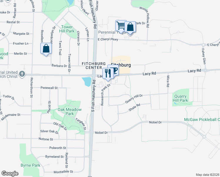 map of restaurants, bars, coffee shops, grocery stores, and more near 2685 Research Park Drive in Fitchburg
