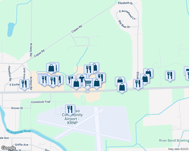 map of restaurants, bars, coffee shops, grocery stores, and more near 1633 East M 21 in Owosso