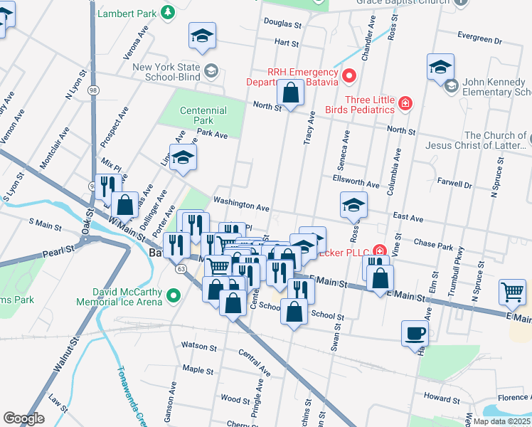 map of restaurants, bars, coffee shops, grocery stores, and more near 105 Bank Street in Batavia