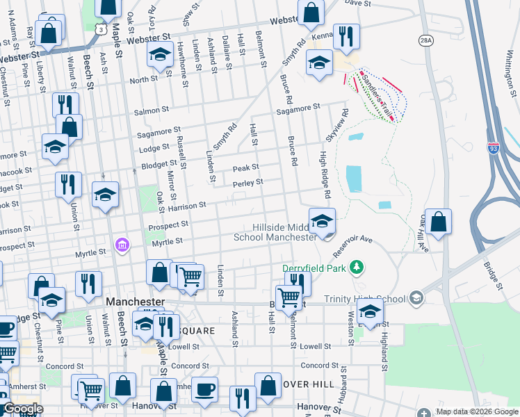 map of restaurants, bars, coffee shops, grocery stores, and more near 332 Harrison Street in Manchester
