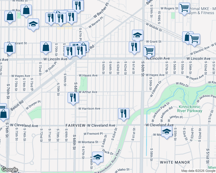 map of restaurants, bars, coffee shops, grocery stores, and more near 2422 South 65th Street in West Allis