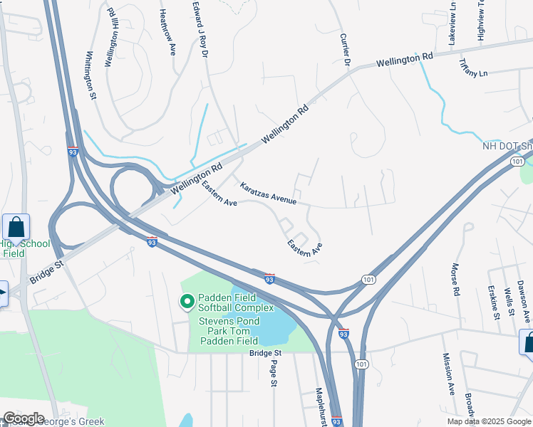 map of restaurants, bars, coffee shops, grocery stores, and more near 101 Eastern Avenue in Manchester