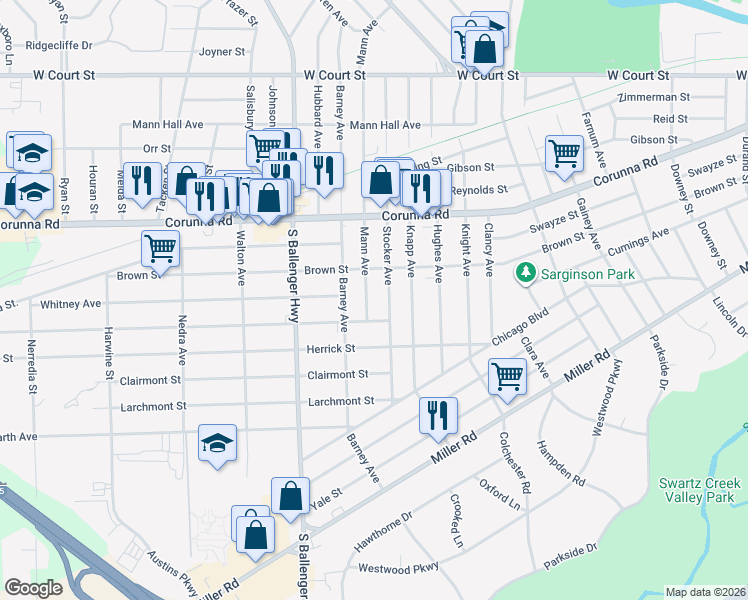 map of restaurants, bars, coffee shops, grocery stores, and more near 1309 Mann Avenue in Flint