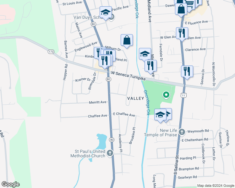 map of restaurants, bars, coffee shops, grocery stores, and more near 199 Academy Street in Syracuse