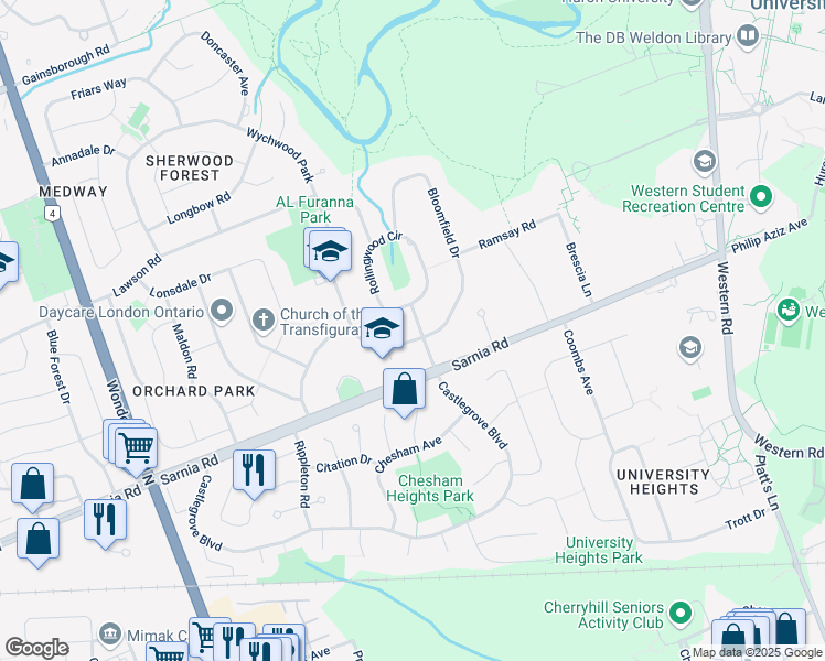 map of restaurants, bars, coffee shops, grocery stores, and more near 555 Sleightholme Avenue in London
