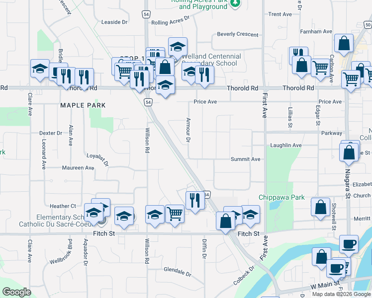 map of restaurants, bars, coffee shops, grocery stores, and more near 11 Claremount Circle in Welland