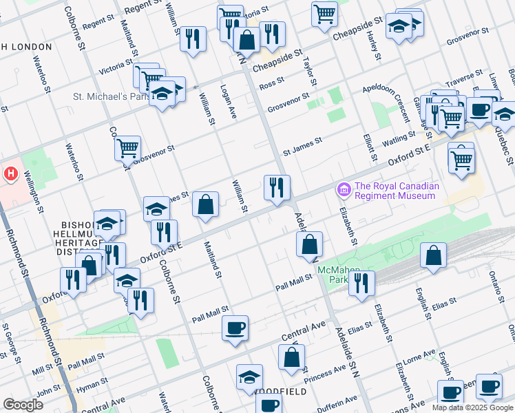 map of restaurants, bars, coffee shops, grocery stores, and more near 574 Oxford Street East in London