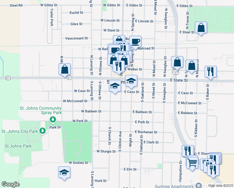 map of restaurants, bars, coffee shops, grocery stores, and more near 101 West Cass Street in Saint Johns