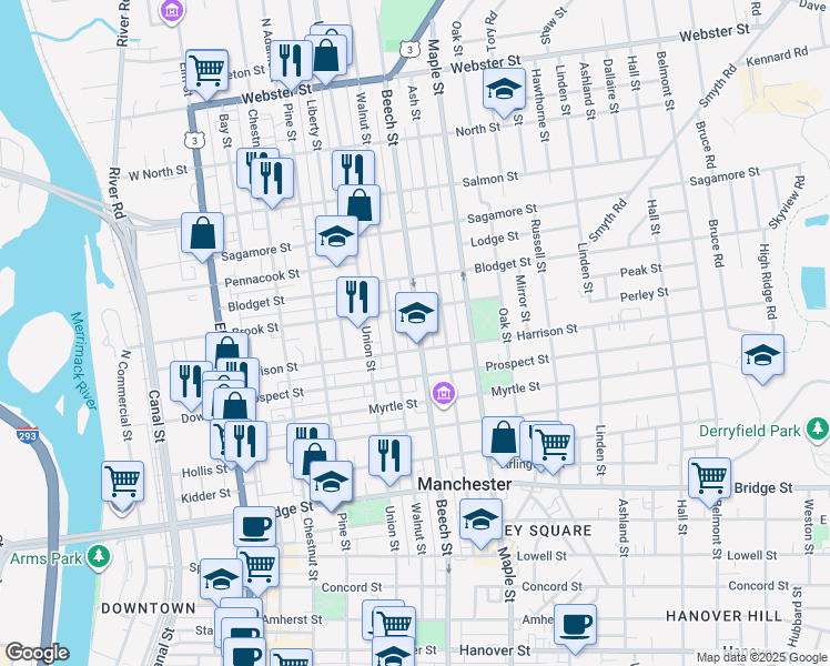 map of restaurants, bars, coffee shops, grocery stores, and more near 135 Brook Street in Manchester