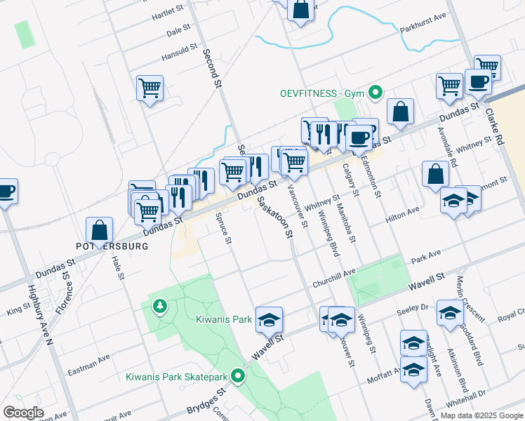 map of restaurants, bars, coffee shops, grocery stores, and more near 1657 Dundas Street in London