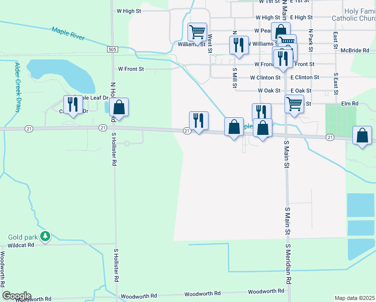 map of restaurants, bars, coffee shops, grocery stores, and more near 9430 Michigan 21 in Ovid