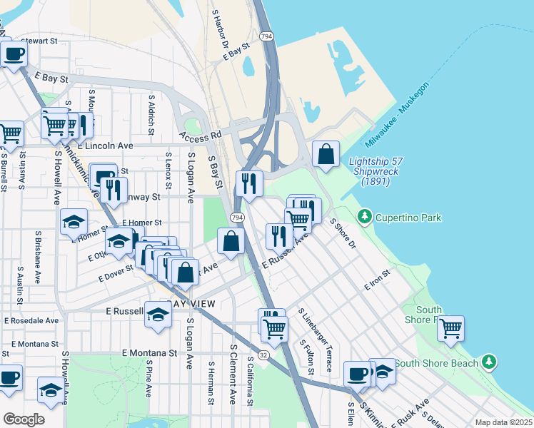 map of restaurants, bars, coffee shops, grocery stores, and more near 2200 South Wentworth Avenue in Milwaukee