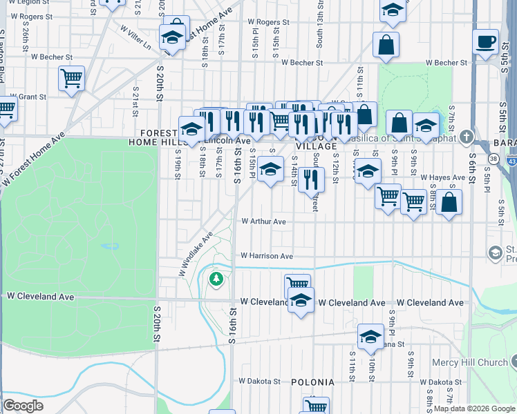 map of restaurants, bars, coffee shops, grocery stores, and more near 2433 South 15th Street in Milwaukee
