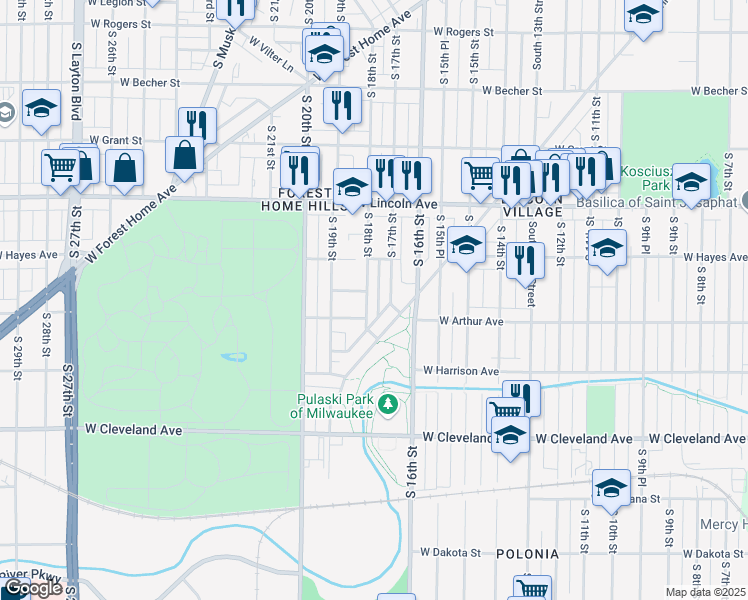 map of restaurants, bars, coffee shops, grocery stores, and more near 2433 South 18th Street in Milwaukee