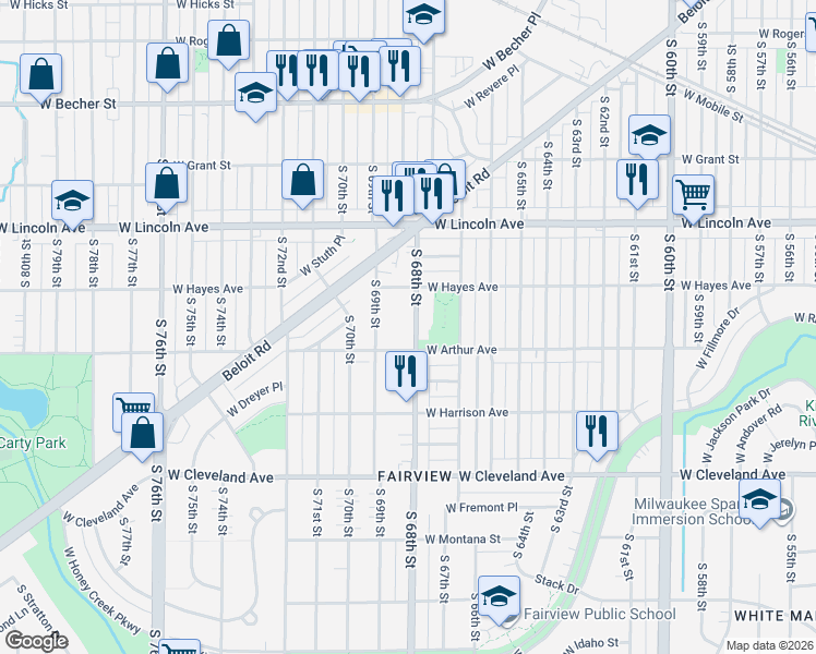 map of restaurants, bars, coffee shops, grocery stores, and more near 2417 South 68th Street in West Allis