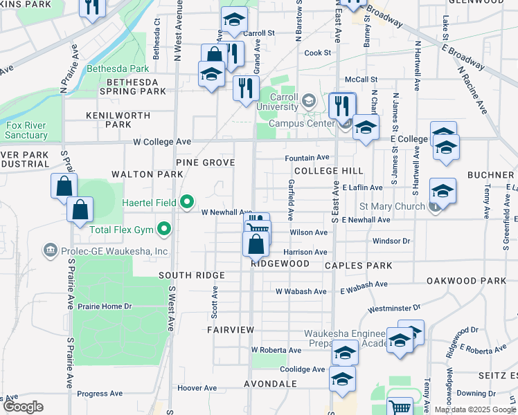 map of restaurants, bars, coffee shops, grocery stores, and more near 241 West Laflin Avenue in Waukesha