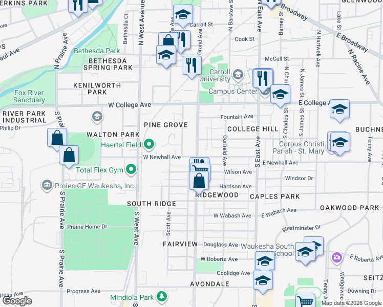 map of restaurants, bars, coffee shops, grocery stores, and more near 242 Hinman Avenue in Waukesha