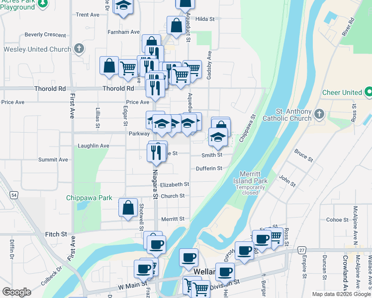 map of restaurants, bars, coffee shops, grocery stores, and more near in Welland