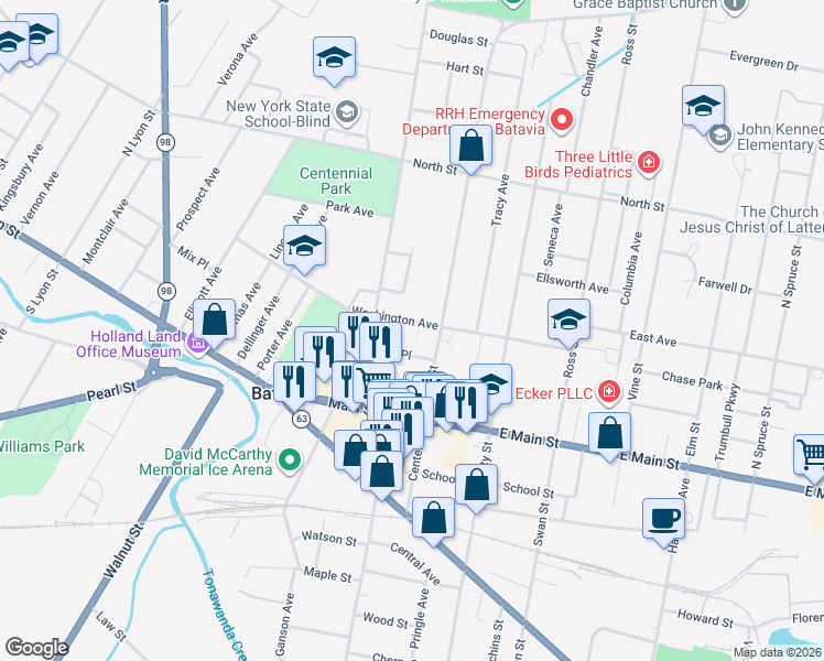 map of restaurants, bars, coffee shops, grocery stores, and more near 107 Washington Avenue in Batavia