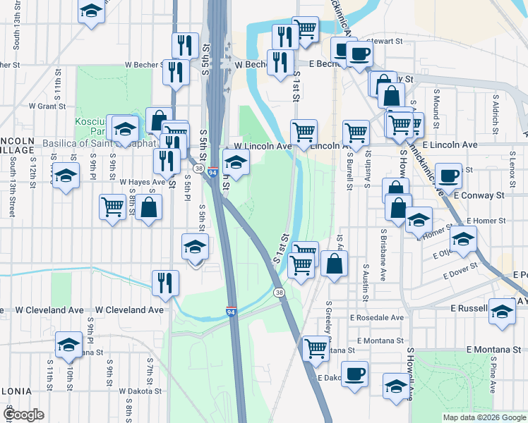 map of restaurants, bars, coffee shops, grocery stores, and more near 2600 South Chase Avenue in Milwaukee