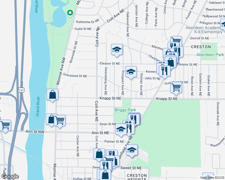 map of restaurants, bars, coffee shops, grocery stores, and more near 2054 Lafayette Avenue Northeast in Grand Rapids