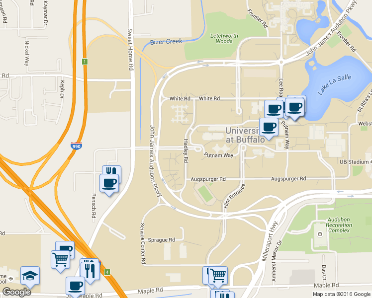 map of restaurants, bars, coffee shops, grocery stores, and more near Hadley Road in Buffalo
