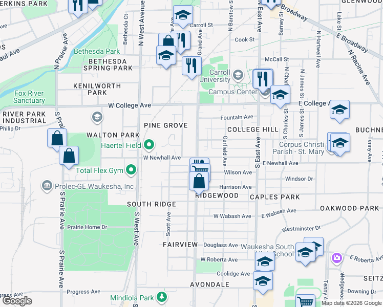 map of restaurants, bars, coffee shops, grocery stores, and more near 242 Hinman Avenue in Waukesha