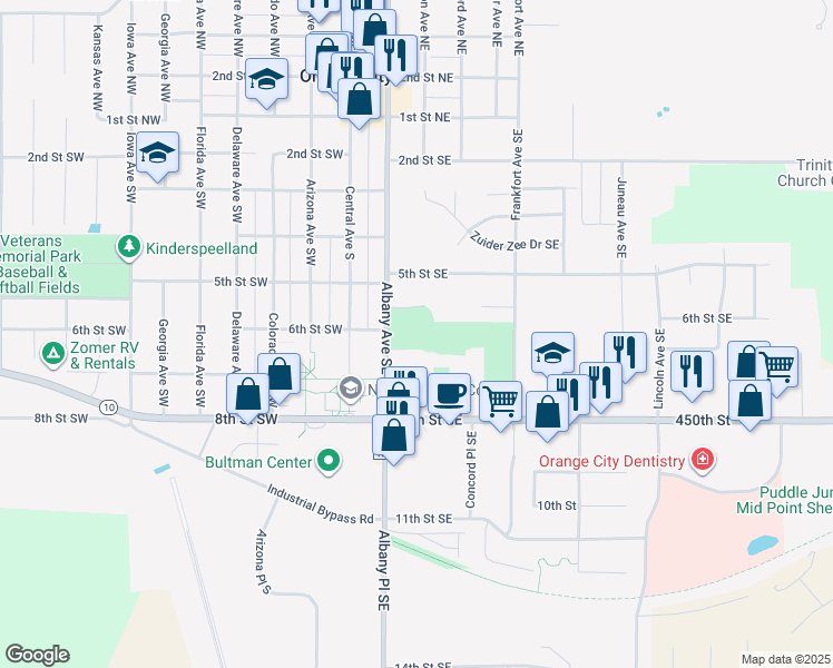 map of restaurants, bars, coffee shops, grocery stores, and more near 200 West Heritage Court in Orange City