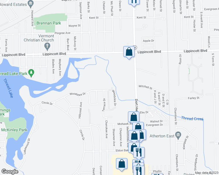 map of restaurants, bars, coffee shops, grocery stores, and more near 1901 Woodslea Drive in Flint